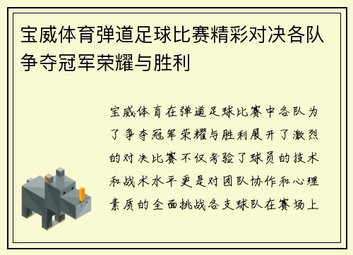 宝威体育弹道足球比赛精彩对决各队争夺冠军荣耀与胜利